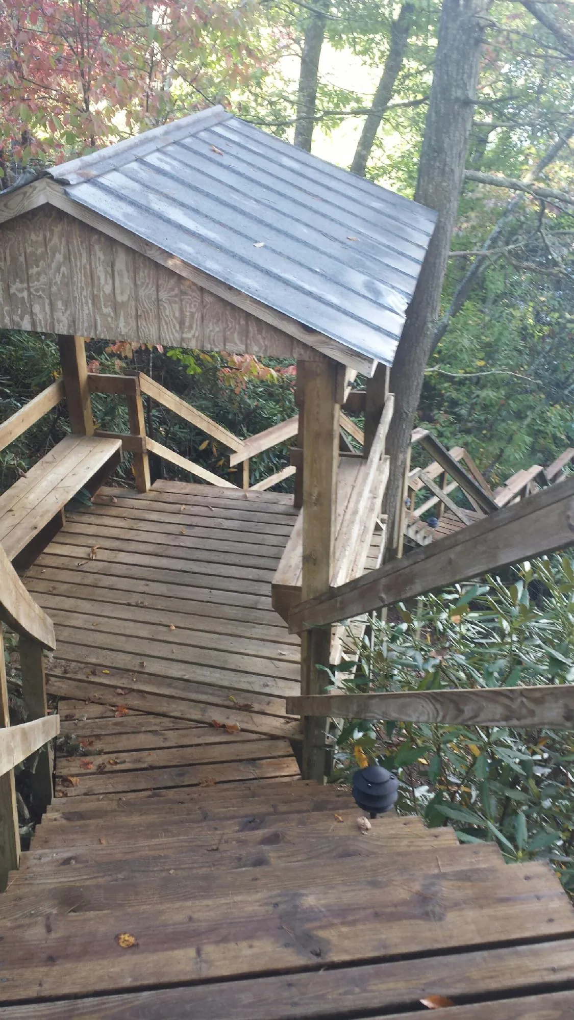 Metal roofed shelter over wooden steps on a wooded walkway — Skylight Repair & Installation work by our crew in Delmont